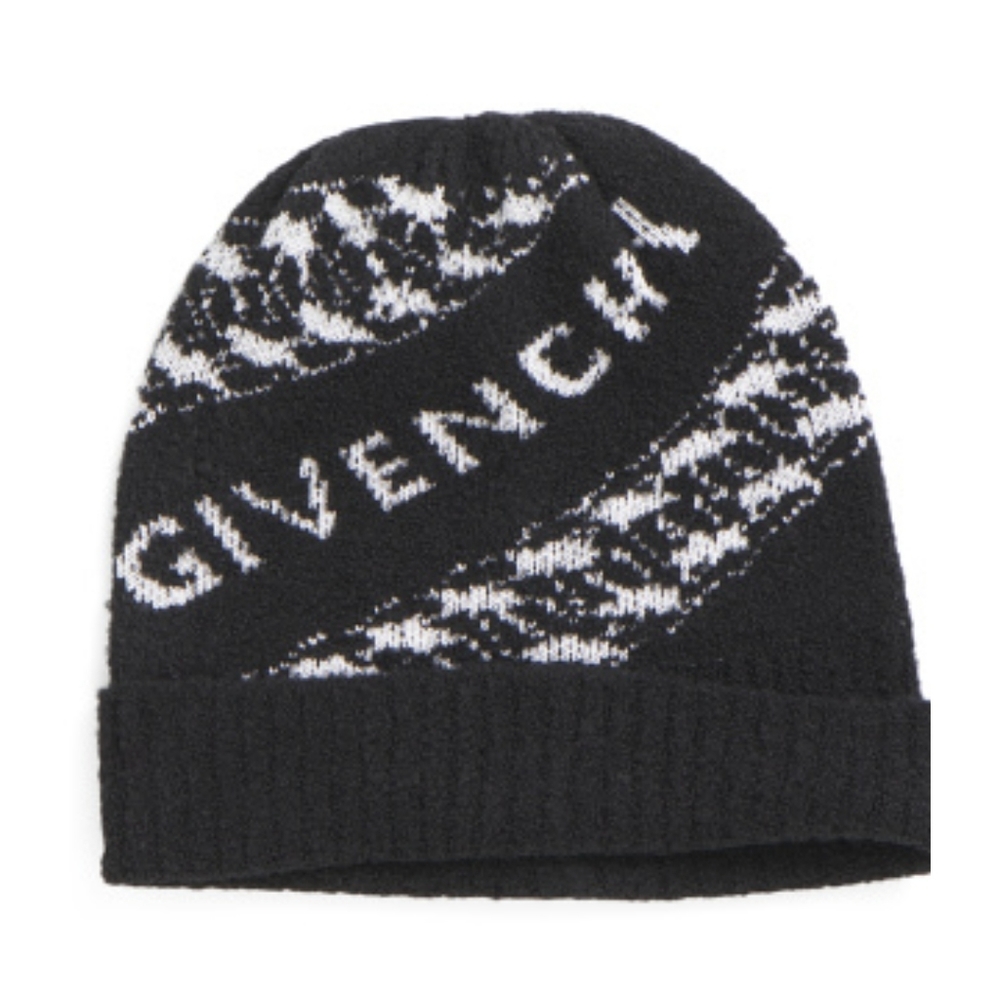 Givenchy Unisex Houndstooth Logo Wool Blend Beanie Black White BNWT